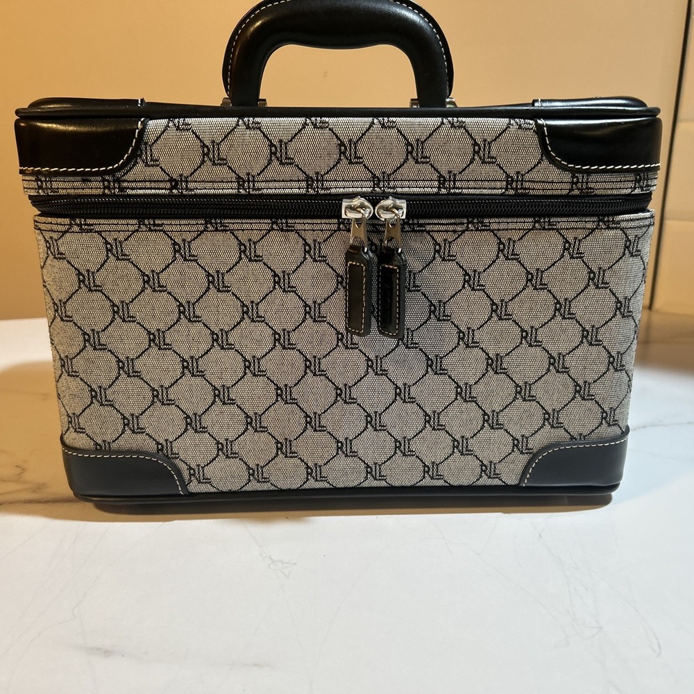 Ralph Lauren Signature Monogramed Gray Black Leather Trim Cosmetic Case